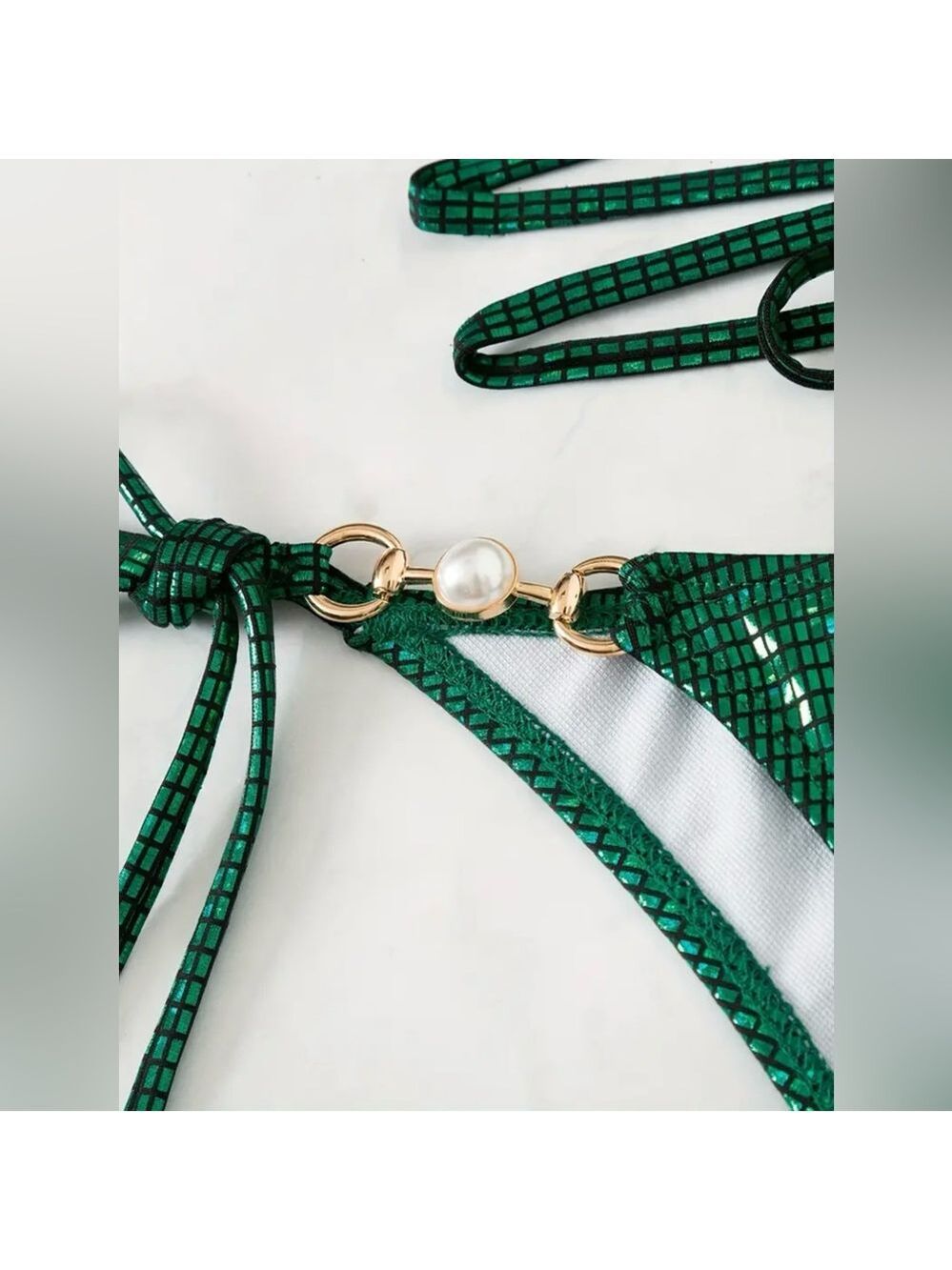 Green Metallic Halter Pearl Detail Bikini Set - Picture 5 of 10